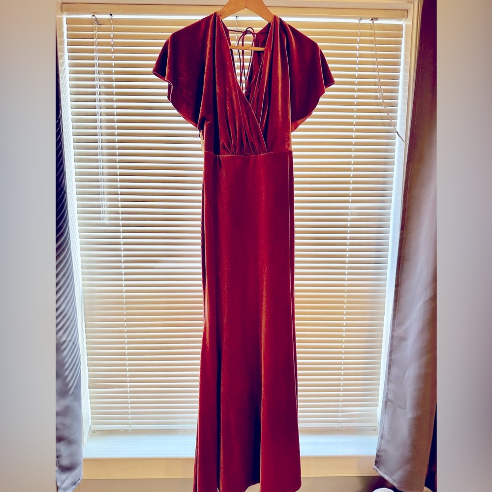 Rust colored full length, velvet evening dress/gown